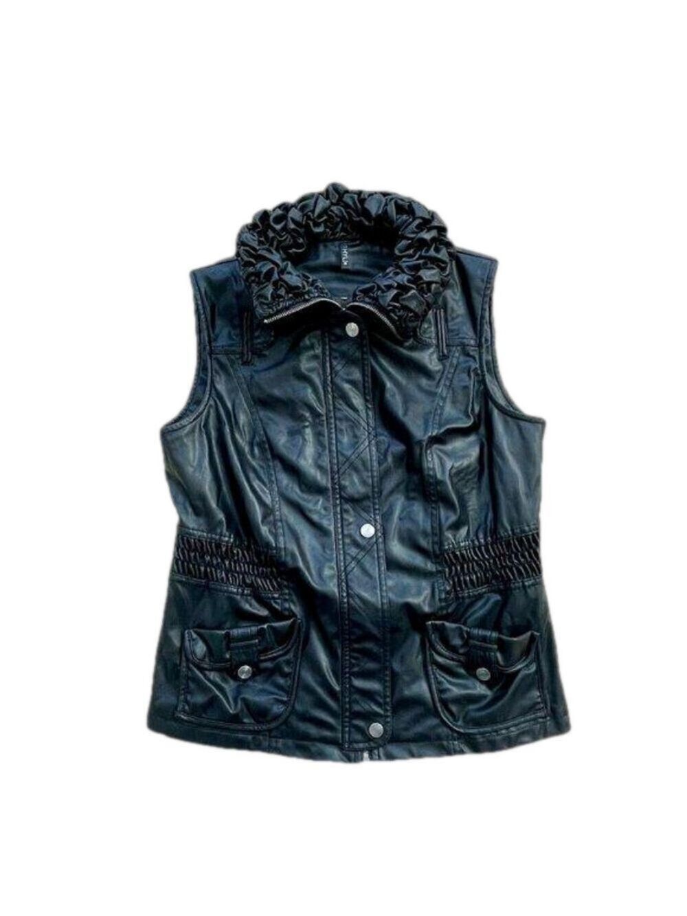 Black Vegan Leather Ethyl Vest, Ruffled Collar, Size M - Picture 2 of 14